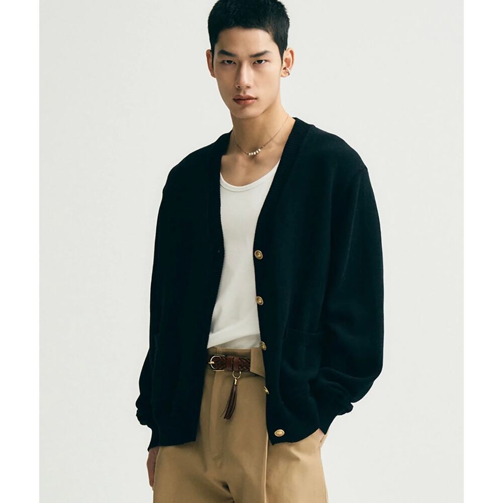 Men's Noirer Lux Cotton Classic Black Cardigan‎ Sweater Oversized Boxy S Preppy